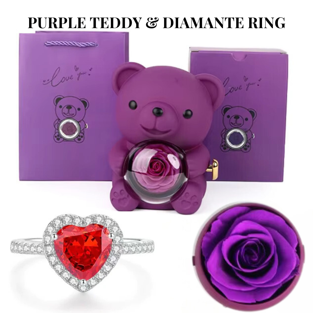 Forever Rose Teddy Bear Jewelry Gift Box Set with Diamanté Heart Ring | Perfect for Mum, Romantic Surprises, Proposals Or Christmas