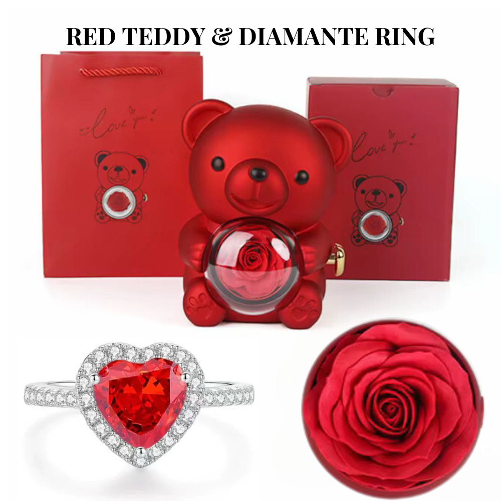 Forever Rose Teddy Bear Jewelry Gift Box Set with Diamanté Heart Ring | Perfect for Mum, Romantic Surprises, Proposals Or Christmas