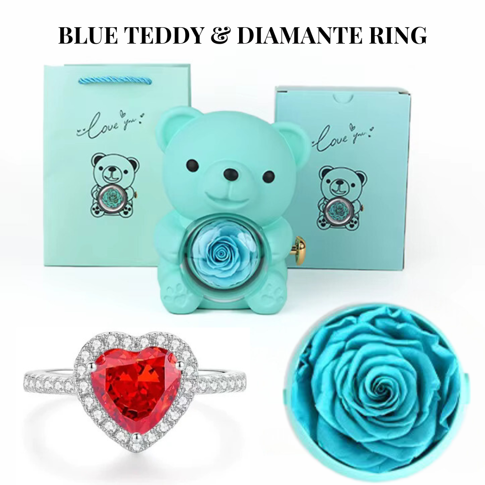 Forever Rose Teddy Bear Jewelry Gift Box Set with Diamanté Heart Ring | Perfect for Mum, Romantic Surprises, Proposals Or Christmas