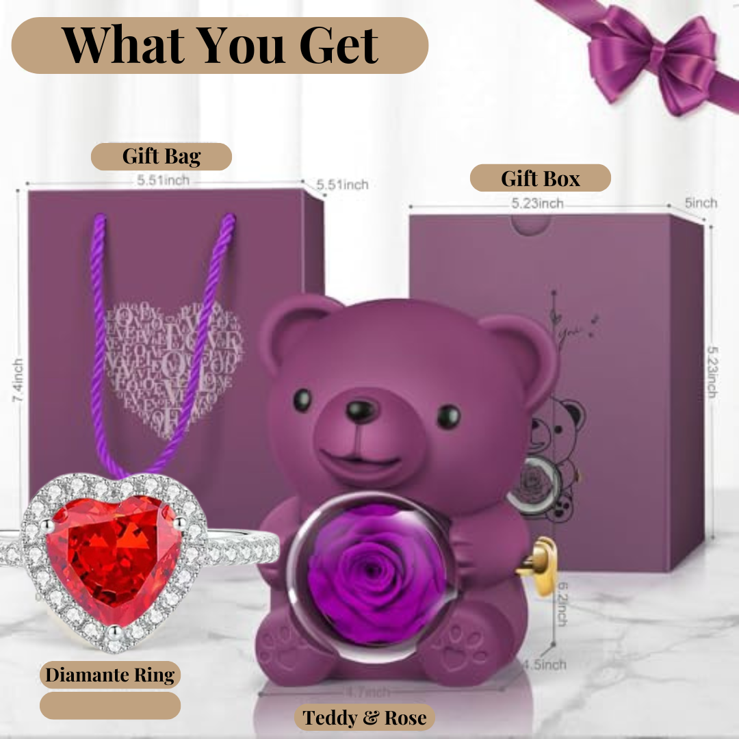 Forever Rose Teddy Bear Jewelry Gift Box Set with Diamanté Heart Ring | Perfect for Mum, Romantic Surprises, Proposals Or Christmas