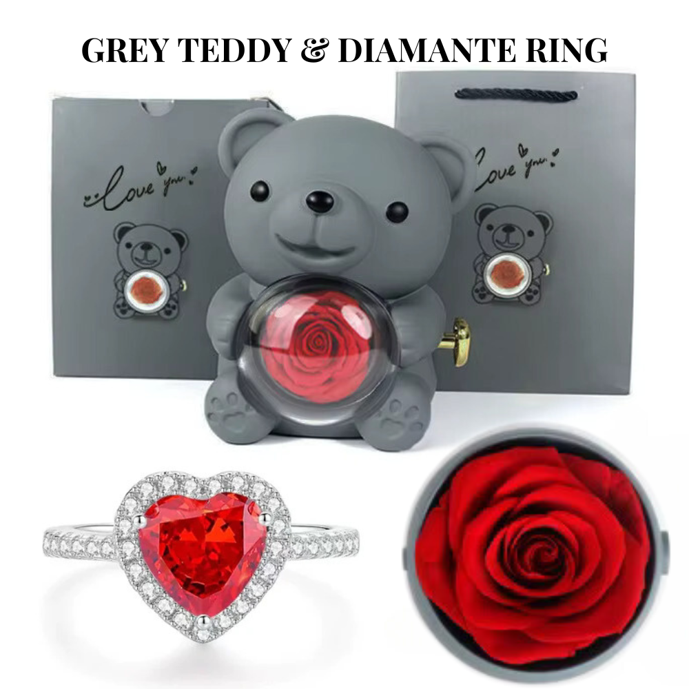 Forever Rose Teddy Bear Jewelry Gift Box Set with Diamanté Heart Ring | Perfect for Mum, Romantic Surprises, Proposals Or Christmas