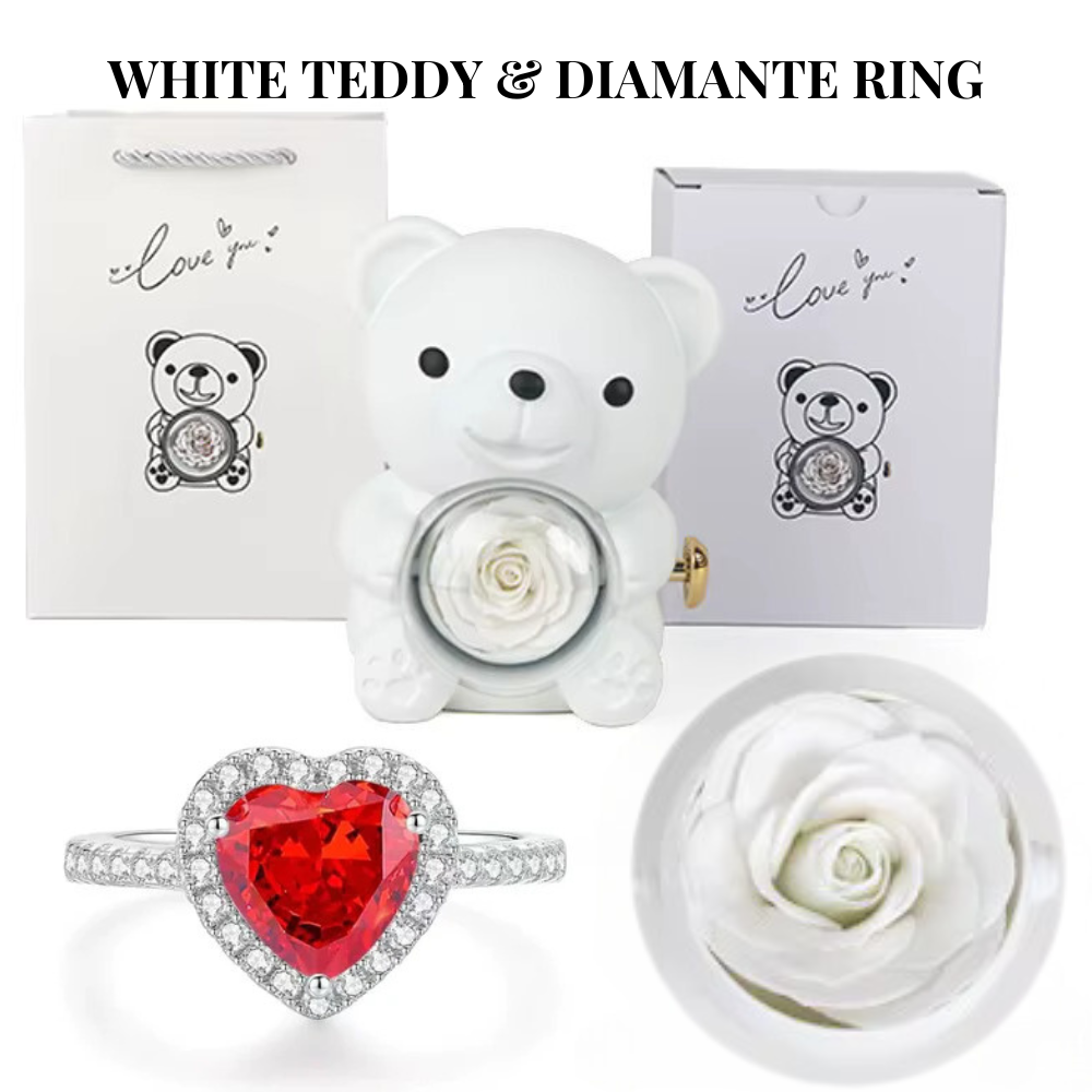 Forever Rose Teddy Bear Jewelry Gift Box Set with Diamanté Heart Ring | Perfect for Mum, Romantic Surprises, Proposals Or Christmas