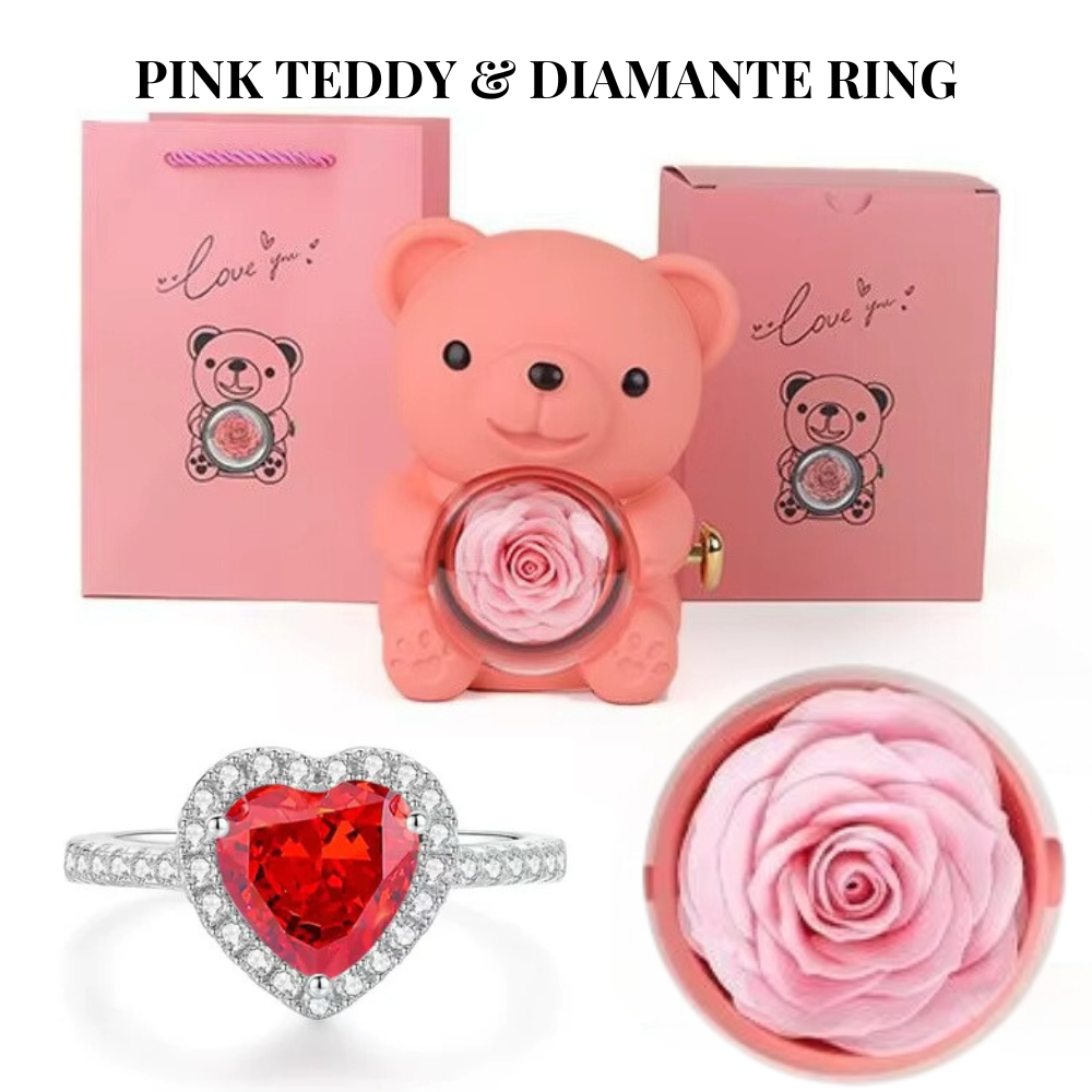 Forever Rose Teddy Bear Jewelry Gift Box Set with Diamanté Heart Ring | Perfect for Mum, Romantic Surprises, Proposals Or Christmas